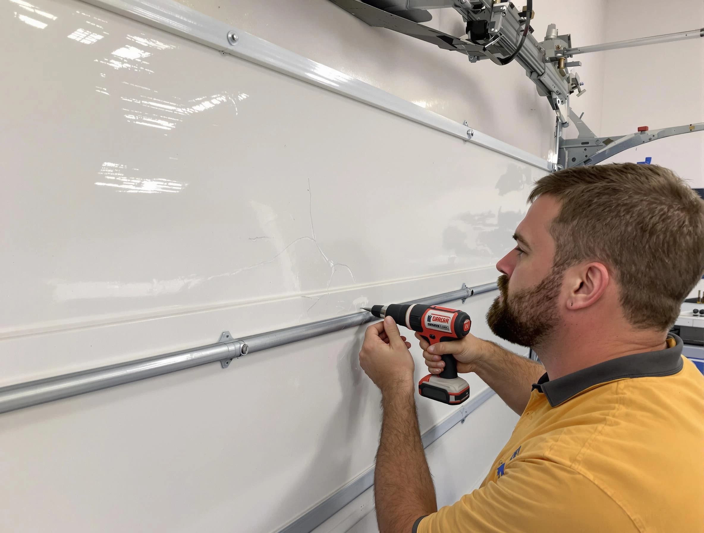 Temecula Garage Door Repair expert performing dent repair on garage door in Temecula