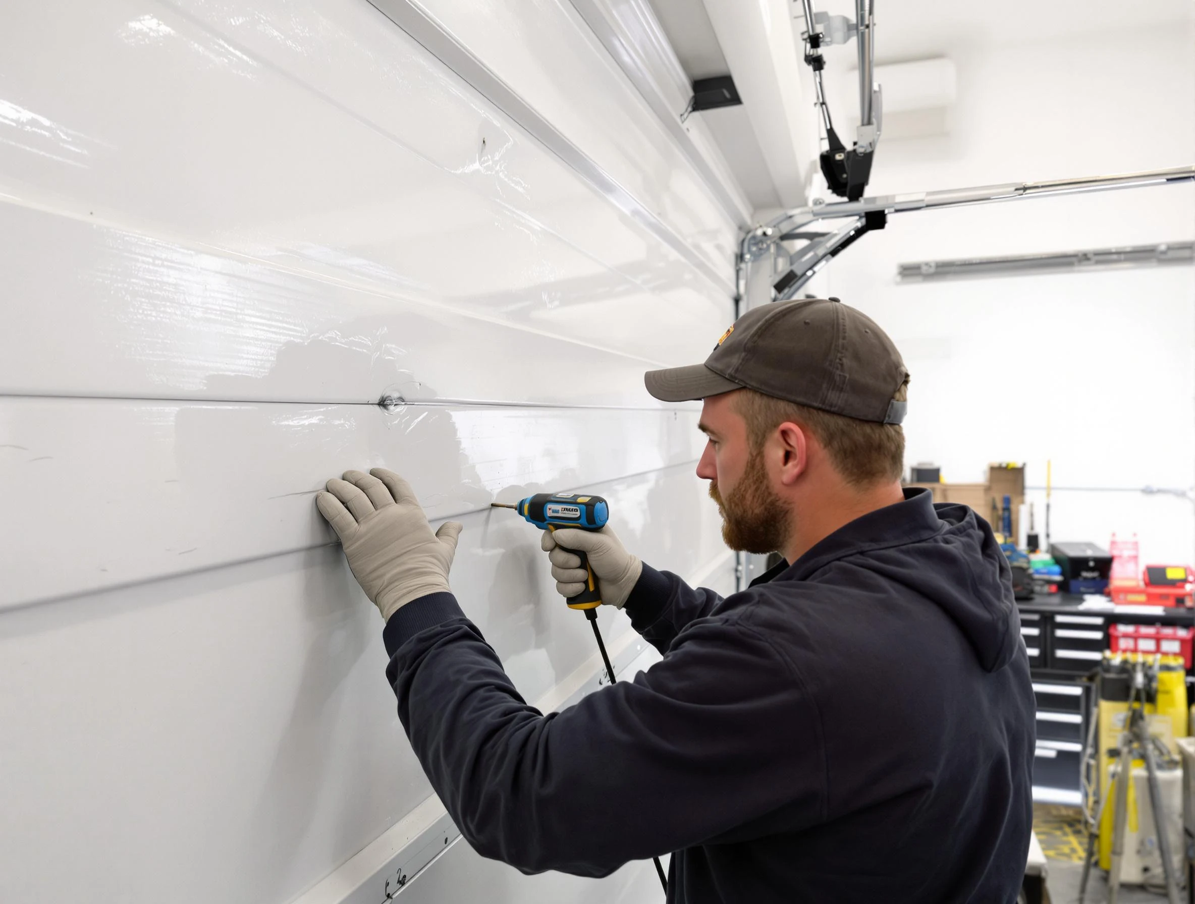 Temecula Garage Door Repair technician demonstrating precision dent removal techniques on a Temecula garage door